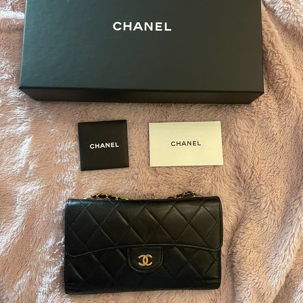 Authentic Chanel Black Quilted Crossbody Bag with Gold Accents